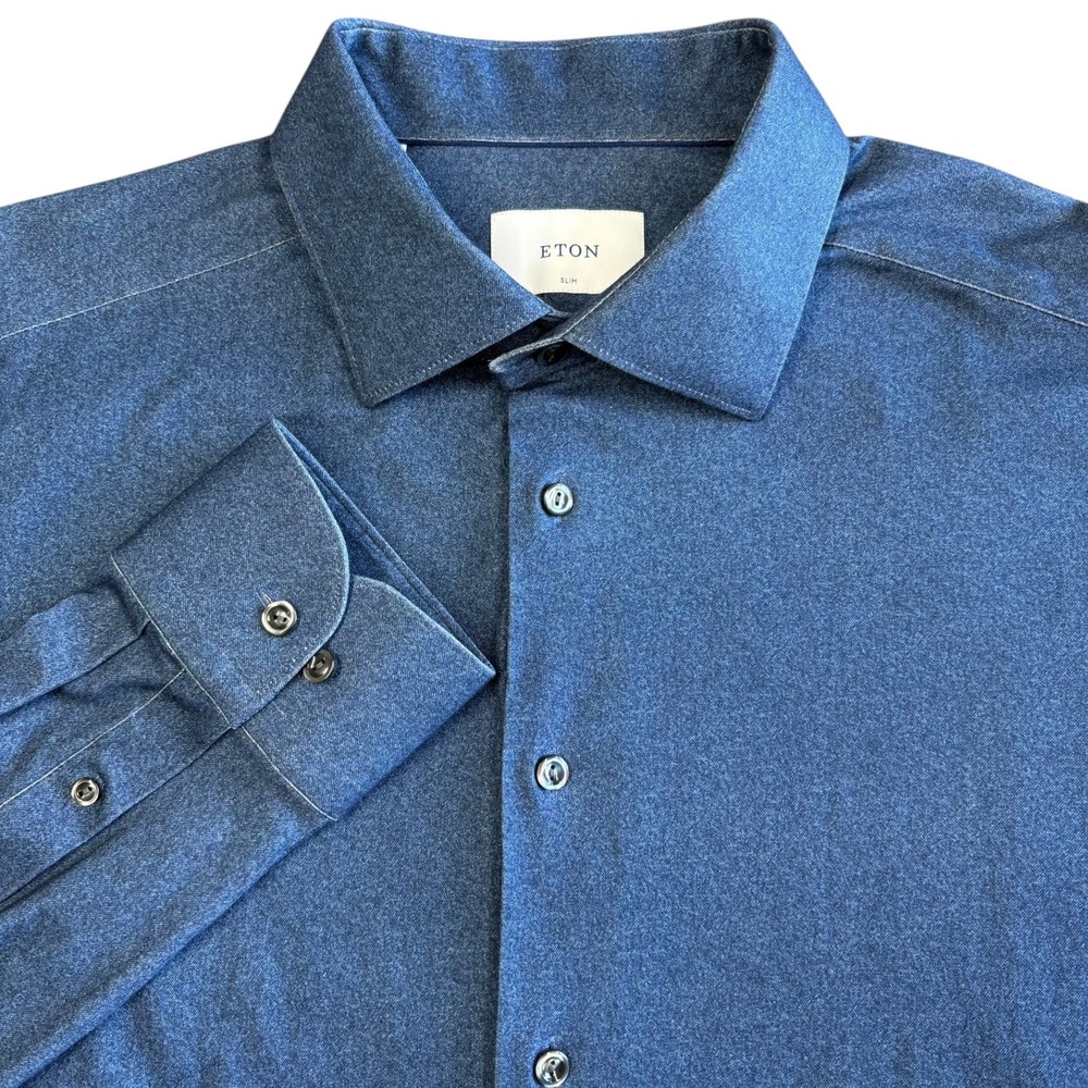 ETON Slim Fit Dress Shirt Mens 17.5x35 Blue Heathered Brushed Stretch Cotton